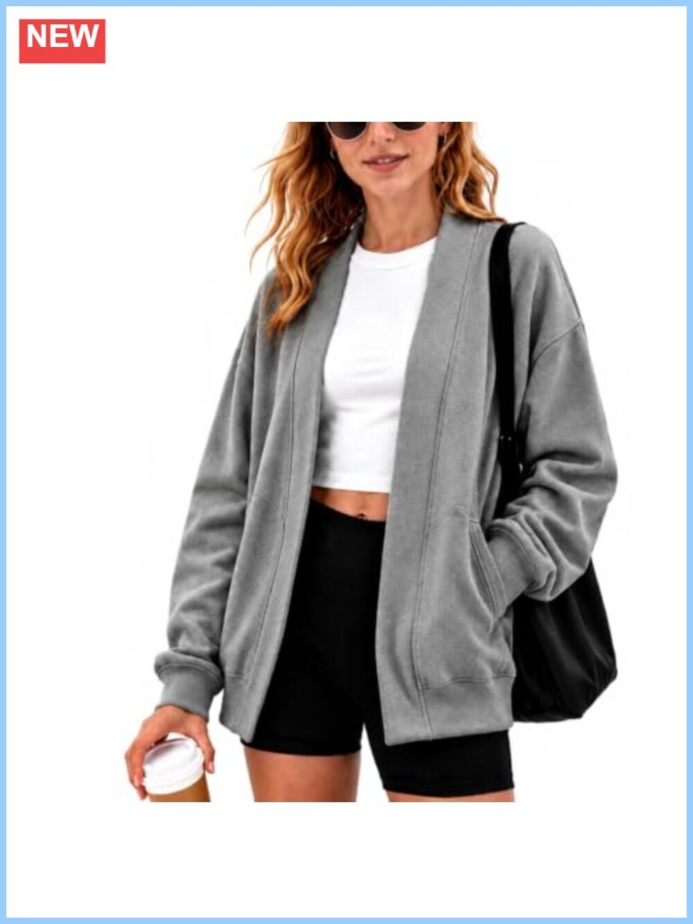 Oversized Cotton Open Front Cardigan Lightweight Loose Fit Pocket Sweatshirt